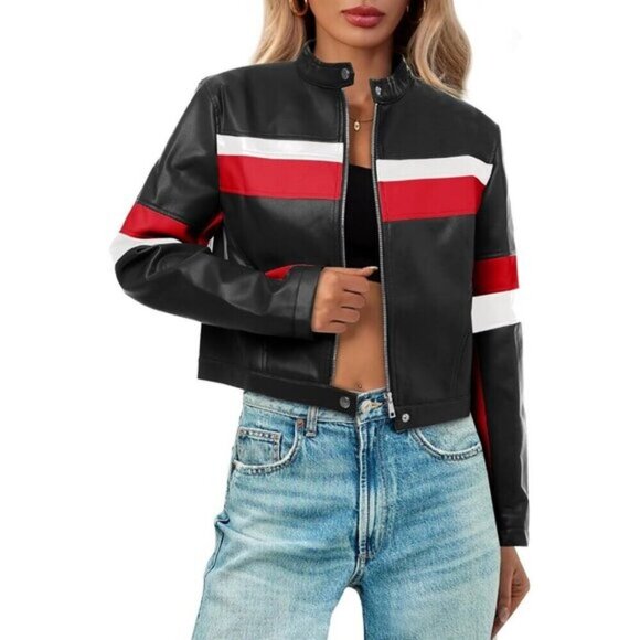 ⭐ Tankaneo Women's Cropped Faux Leather Moto Jacket Color Block Racing Coat